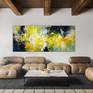 original bold painting above leather couch