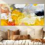 bright yellow, orange, gray and light blue art