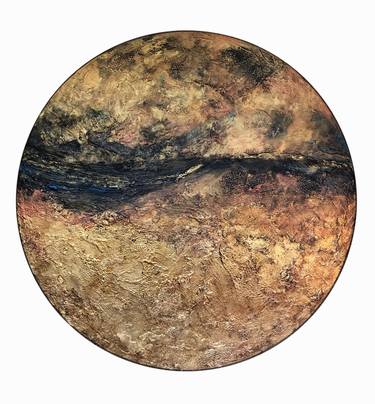 GOLDEN LANDSCAPE - ORIGINAL ABSTRACT PAINTING ON ROUND CANVAS thumb