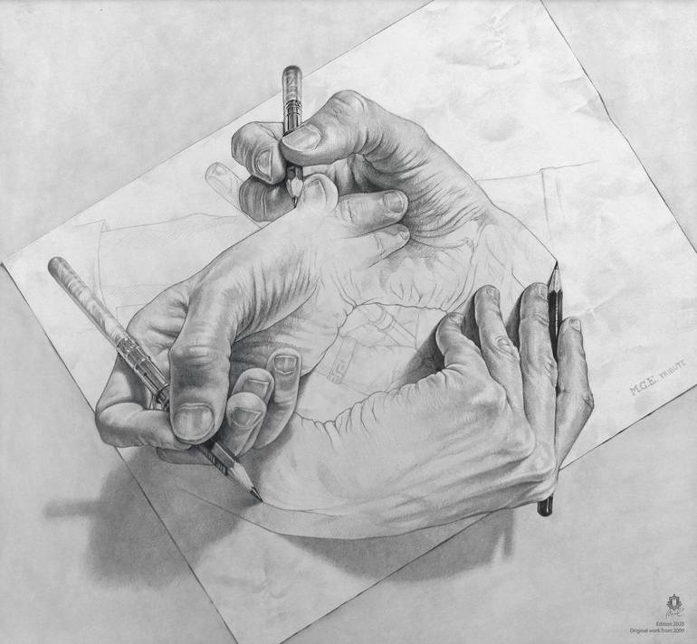 Mc Escher Tribute 4 Hands Drawing By Oriol Angrill Saatchi Art