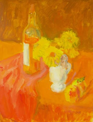 Yellow Flowers and Wine Bottle thumb