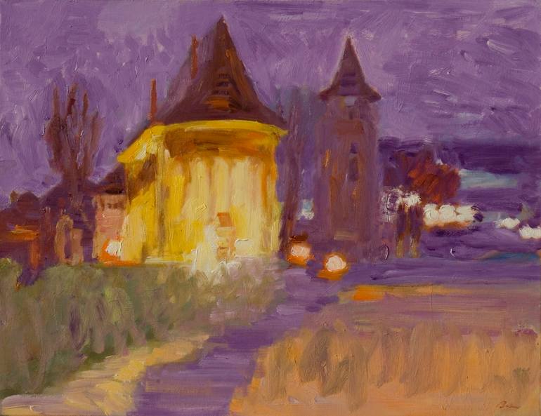Original Landscape Painting by Dumitru Bostan Junior | Impressionism Art on Canvas | The Tower by Night