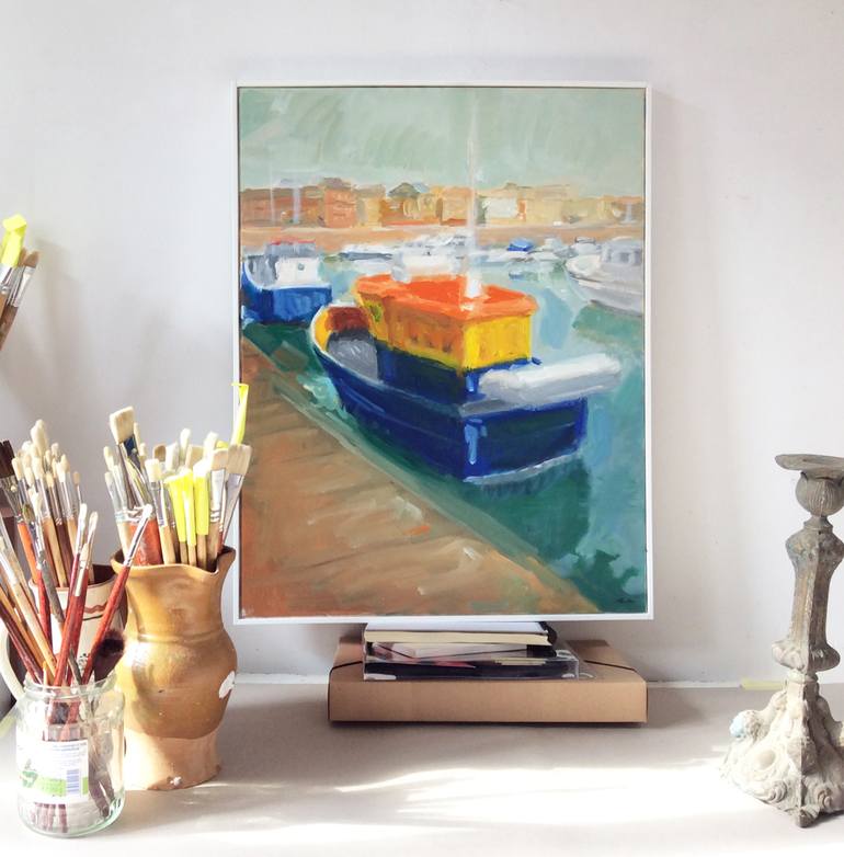 Original Impressionism Sailboat Painting by Dumitru Bostan Junior