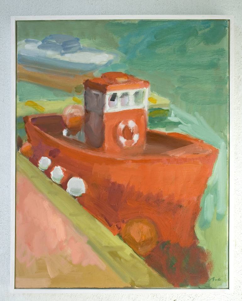 Original Impressionism Boat Painting by Dumitru Bostan Junior