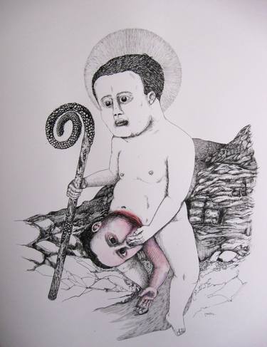 Original Surrealism Religious Drawings by Patrick Jannin