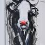 The artist's popular contemporary expressive style of cow painting. Black and white with a splash of contrasting pink. 76cm x 51cm deep edge canvas wall art ready to hang. 100% cotton canvas stretched over a deep 4cm wooden frame. No further framing required.