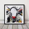 The artist's popular expressive style of abstract cow painting with thick textured acrylic paint strokes. 40cm x 40cm superb quality Gerstaecker canvas board, perfect for framing. The artist's popular expressive style of abstract cow painting with plenty of detail thick textured acrylic paint strokes, black and white with a touch of gold and an adorable bright red nose. Frame used for display purposes and is not included.