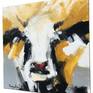 The artist's popular expressive style of abstract cow painting with colorful thick textured acrylic paint strokes. 16 inches x 16 inches superb quality Gerstaecker canvas board, perfect for framing. The artist's popular expressive style of abstract cow painting with plenty of detail thick textured acrylic paint strokes, black and white with a touch of gold and an adorable bright red nose. Frame used for display purposes and is not included.