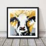 The artist's popular expressive style of abstract cow painting with colorful thick textured acrylic paint strokes. 16 inches x 16 inches superb quality Gerstaecker canvas board, perfect for framing. The artist's popular expressive style of abstract cow painting with plenty of detail thick textured acrylic paint strokes, black and white with a touch of gold and an adorable bright red nose. Frame used for display purposes and is not included.