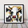 The artist's popular expressive style of abstract cow painting with colourful thick textured acrylic paint strokes and. 40cm x 40cm superb quality Gerstaecker canvas board, perfect for framing. The artist's popular expressive style of abstract cow painting with plenty of detail thick textured acrylic paint strokes, black and white with a touch of gold and an adorable bright red nose. Frame used for display purposes and is not included.