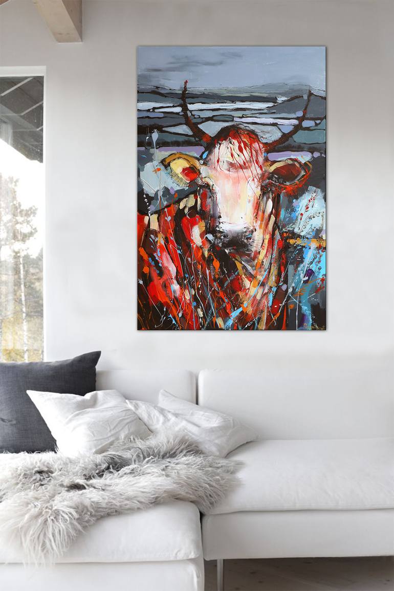 Original Abstract Expressionism Cows Painting by Irina Rumyantseva