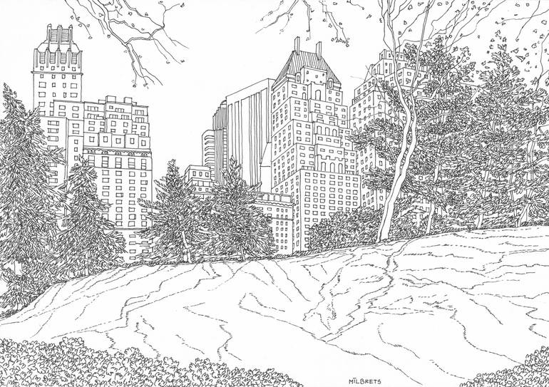 Central Park / New York City Drawing by Lauris Milbrets | Saatchi Art