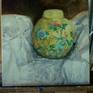 This oil original was named " The yellow ginger jar on while cutwork linen cloth" its exteremly well done with flow of the cloth hugging still yellow ginger jar. The integration show off its beauty and function on its own but also trying to live together.