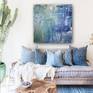 Bold sweeps of blues, olive green and yellow meld together creating a dynamic, textural effect in this large-scale work.