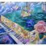 The painting was inspired by listening to a heartfelt lovely singer playing piano and  I wondered if he could see ships and stories inside his piano. And maybe the whole universe was created by someone's song.