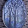 This is a round painting. The trees in the morning have a life of their own and the puddles beneath them reflect the sky.