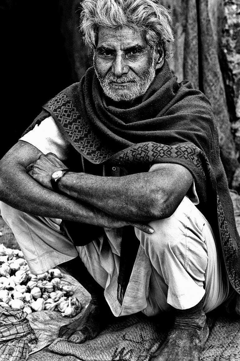 Original People Photography by Christophe Cham | Other Art on Aluminum | Old man selling veggies in a wet market in India - Limited Edition 1 of 5