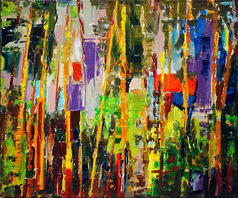 Original Abstract Painting by Daria Bagrintseva | Abstract Art on Canvas | Pine trees in the light of sunset