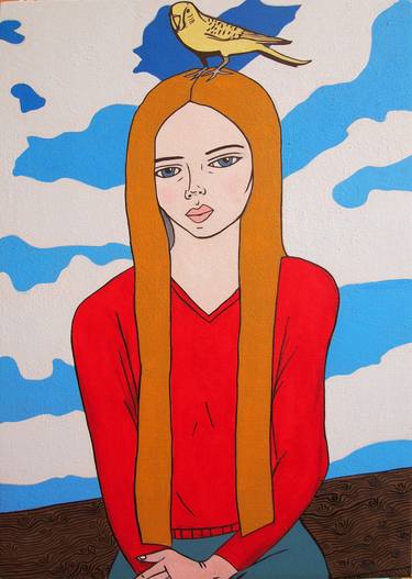 Girl with a Bird and Clouds thumb