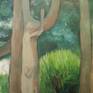 Semi-abstract oil painting of a large tree in a park, surrounded by plants and shrubs.