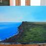 Original oil painting on canvas of a coastline with a rocky beach and meadow grasses above, inspired by a place on the Isle of Wight.