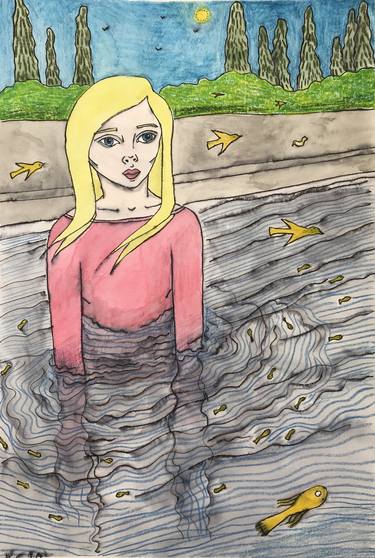 Girl in Water with Fish and Birds thumb