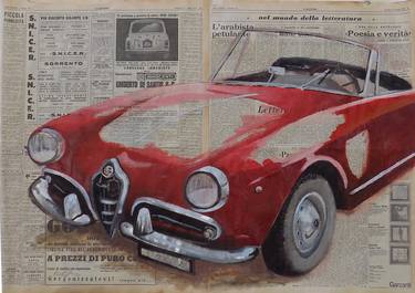 Car - Alfa Romeo Giulietta Spider 1955 tecnica mista su carta d'epoca (il mattino del 1973) thumb