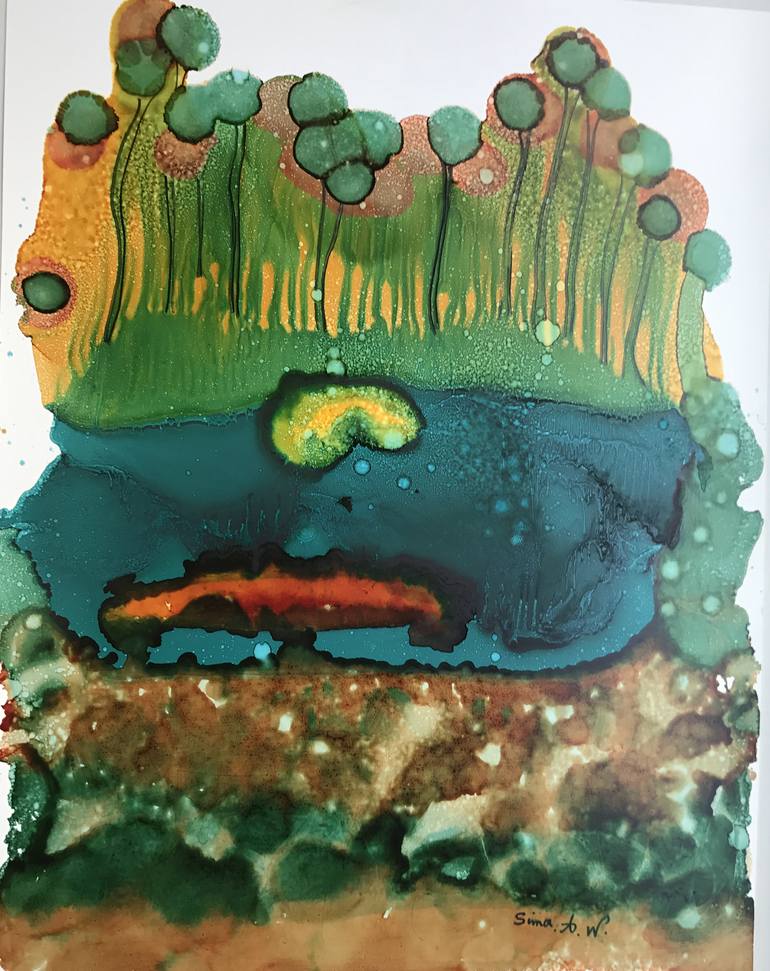Original Abstract Painting by Sima Wewetzer | Abstract Art on Paper | # 14 Green Trees at the lake