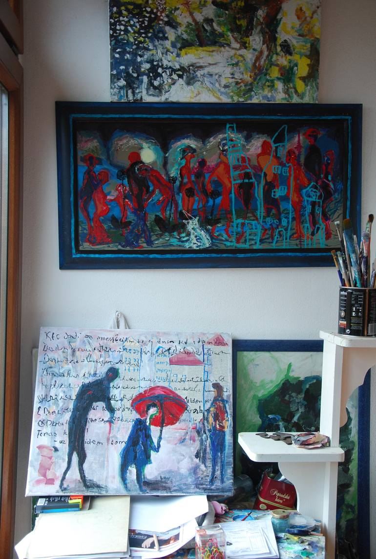 Original Expressionism People Painting by Monika Vitanyi