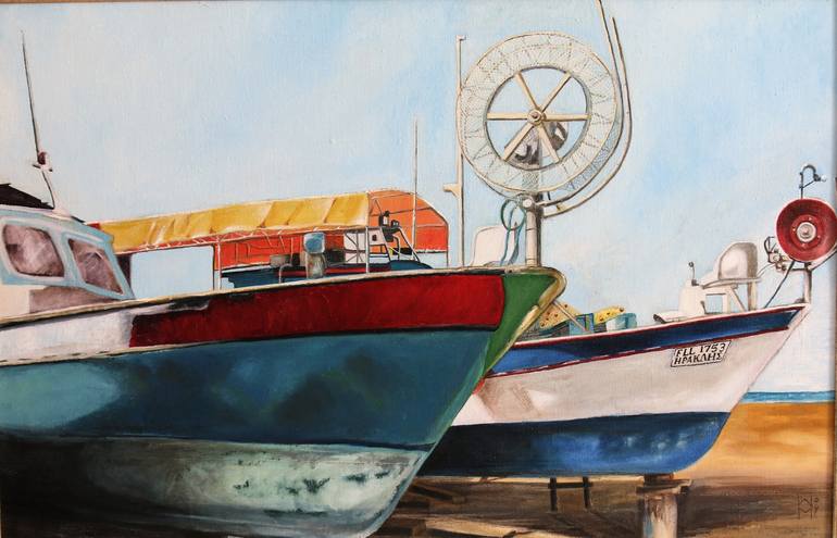 Original Fine Art Boat Painting by Stamatis Pavlis