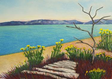 Seaside Vashon Island Beach with Flowers - Original Pastel by Michele Fritz thumb