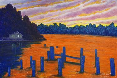 Orange Sunset on Vashon Island with Ocean View - Original Pastel by Michele thumb