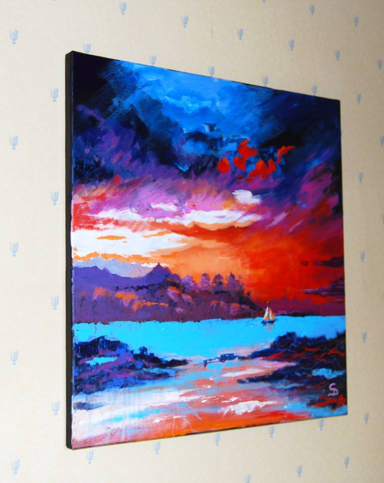 Red Sky With Sailing Boat Painting by Stuart Dalby Saatchi Art