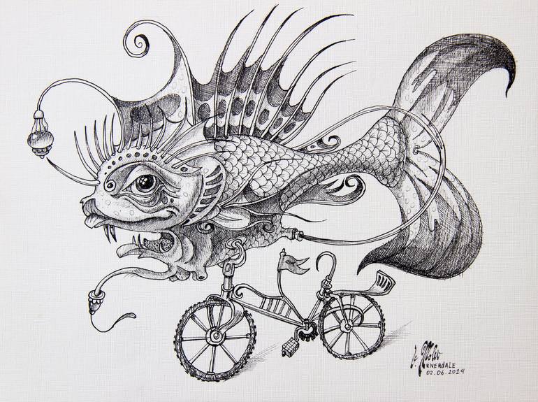 Fish on a bicycle. Ambiguous Drawing by Victor Molev | Saatchi Art