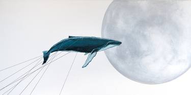 Blue whale fly on white space thumb
