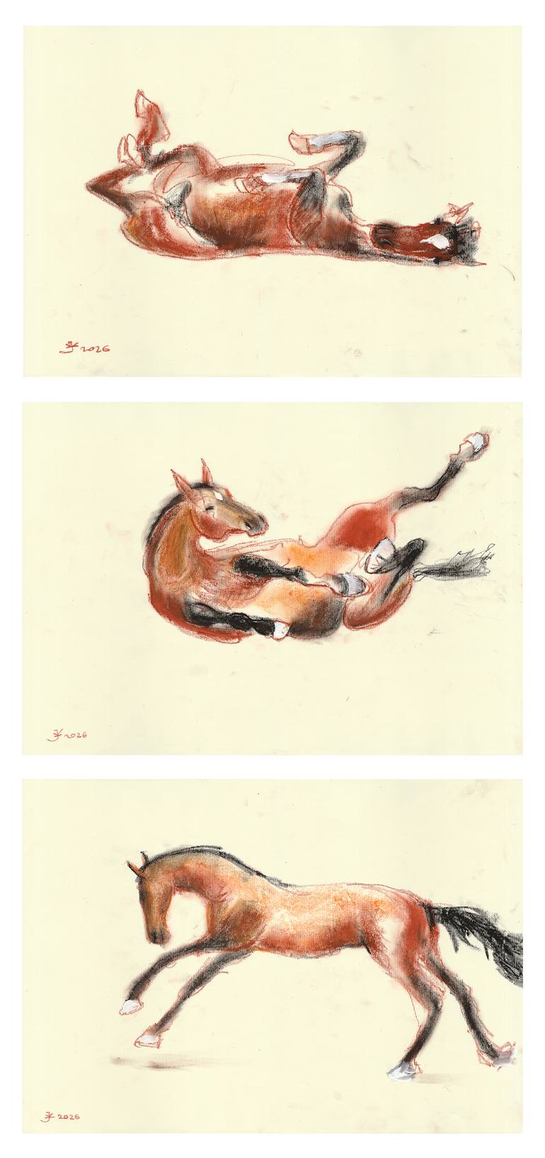 Original Horse Drawing by Jenea Kaitaz | Abstract Expressionism Art on Paper | Set Of 3 Joyful Horses. (16,5x11,7 In ~ Each)