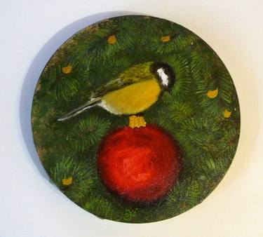Yellow Bird on Red Christmas Tree Ball. thumb