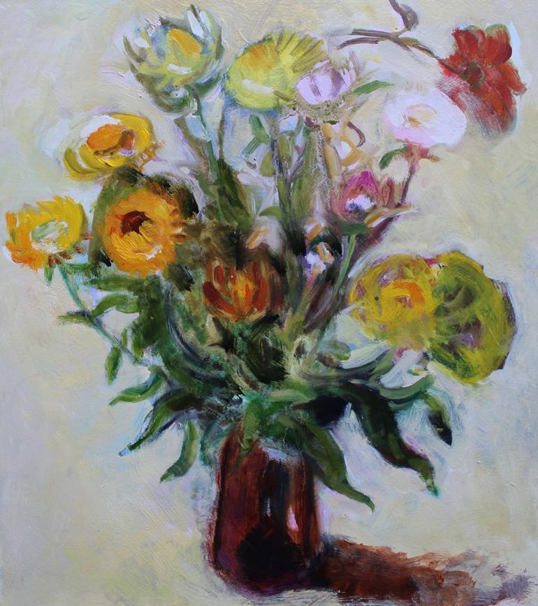 Helichrysum and a Red Dahlia Painting by Claire Rollinson | Saatchi Art