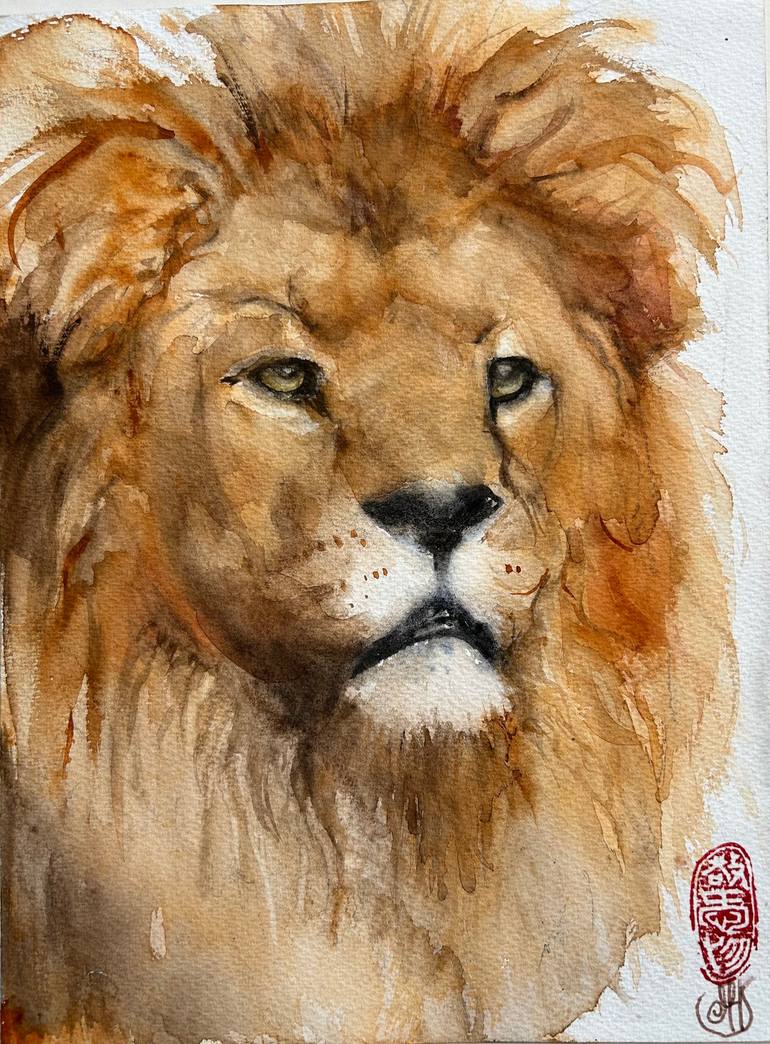 Original Animal Painting by Marie-helene Stokkink | Contemporary Art on Paper | red wild Lion