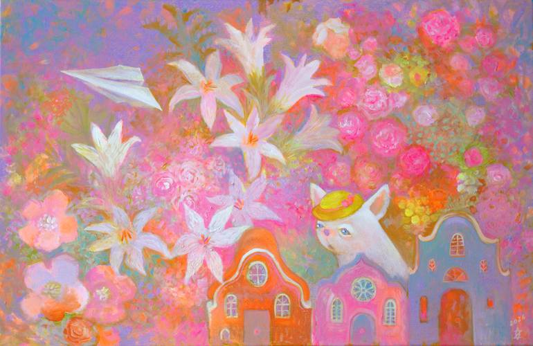 Original Fantasy Painting by Oxana Zaika | Contemporary Art on Canvas | A Little Dreamer and the Paper Plane