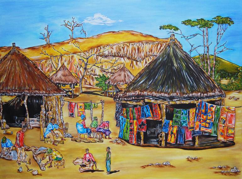 Zambian craft village Painting by Hiten Mistry | Saatchi Art