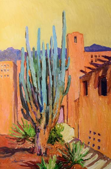Southwestern Landscape, Old Cactus and Hispanic Houses thumb