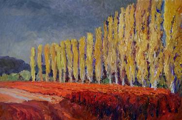 Red Vineyards and Poplars, Cloudy Autumn Day thumb
