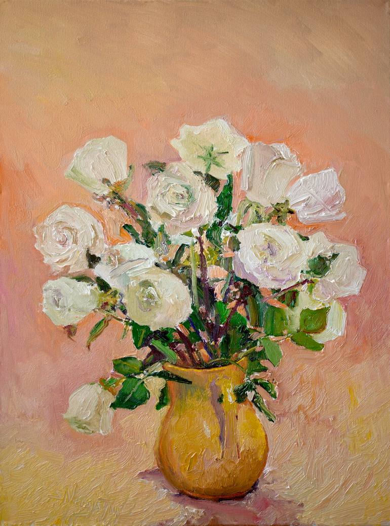 White Roses in The Vase Painting by Suren Nersisyan | Saatchi Art
