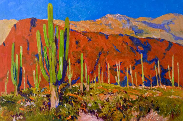 Original Landscape Painting by Suren Nersisyan | Expressionism Art on Linen | Saguaros and the Colors of Desert