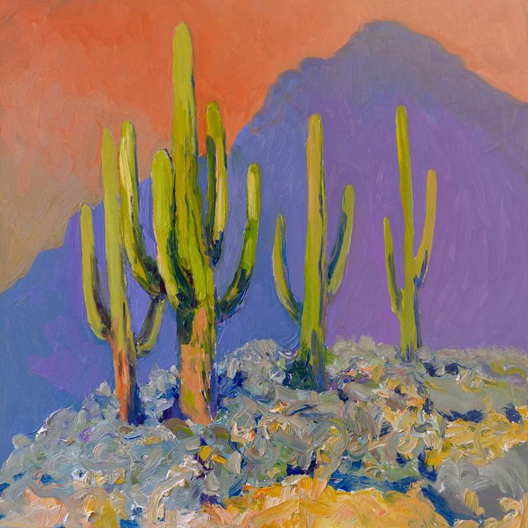 Evening. Saguaros and the Mountains. Original Painting by Suren Nersisyan
