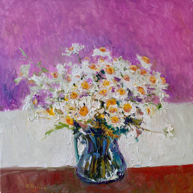 Original Floral Painting by Suren Nersisyan | Fauvism Art on Canvas | Chamomiles and the Pink