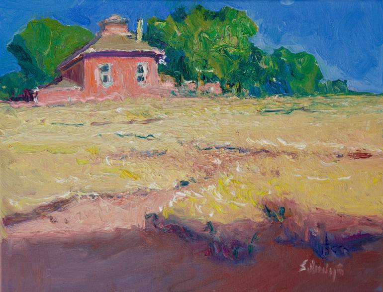 Original Landscape Painting by Suren Nersisyan | Impressionism Art on Canvas | Pink Farmhouse by the Golden Field