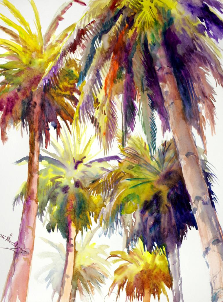 Firework, Palm Trees of Hollywood Painting by Suren Nersisyan | Saatchi Art