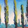 The painting is on oil primed linen, it has a wire from behind and can be displayed right out of the box even with no frame.
Beautiful elegant shapes of poplar trees in farm fields look beautiful and harmonic with nature.